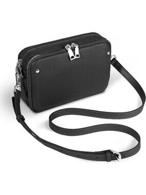 👜Women's Black Genuine Leather Double Zip RFID Camera Crossbody Wallet Purse